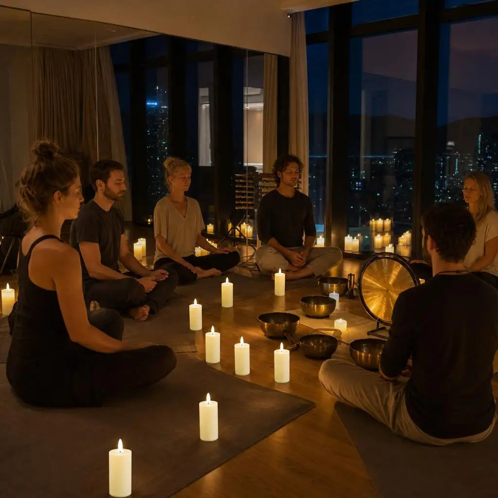 A group of people meditating or relaxing in a dimly lit room, surrounded by numerous glowing pillar candles.