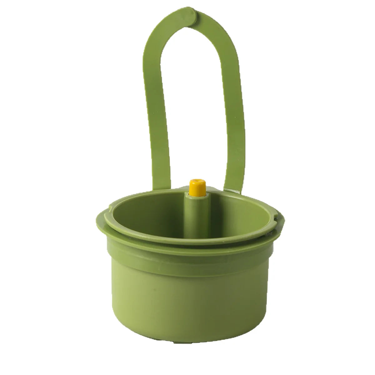 A light green push-to-empty hanging sink strainer basket with a yellow stopper.