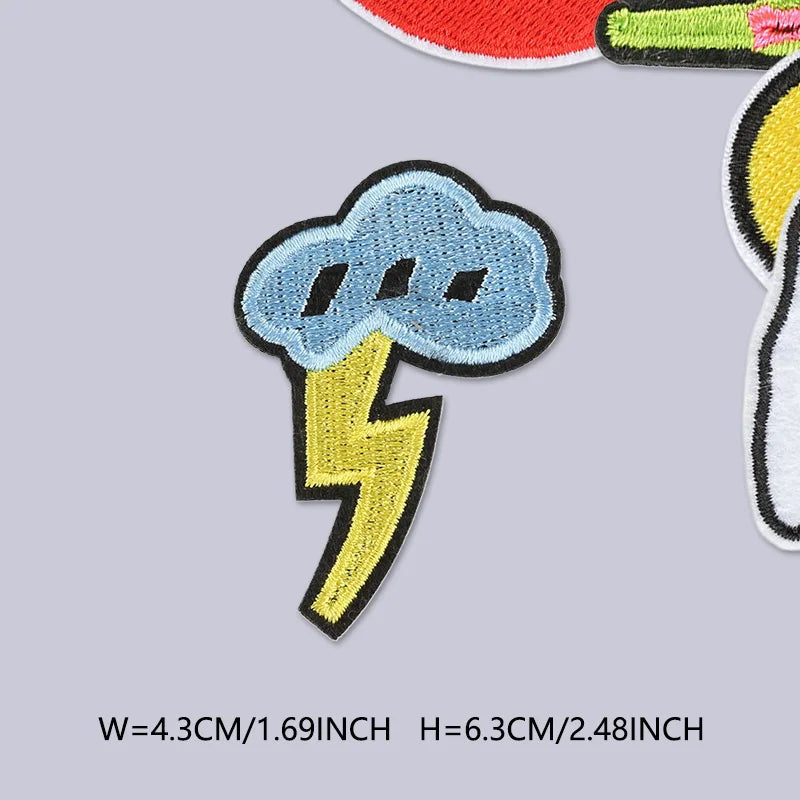 A blue cloud with a yellow lightning bolt embroidered patch on a light gray background.