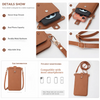 A brown PU leather crossbody bag with a snap closure and adjustable strap shown with various details.