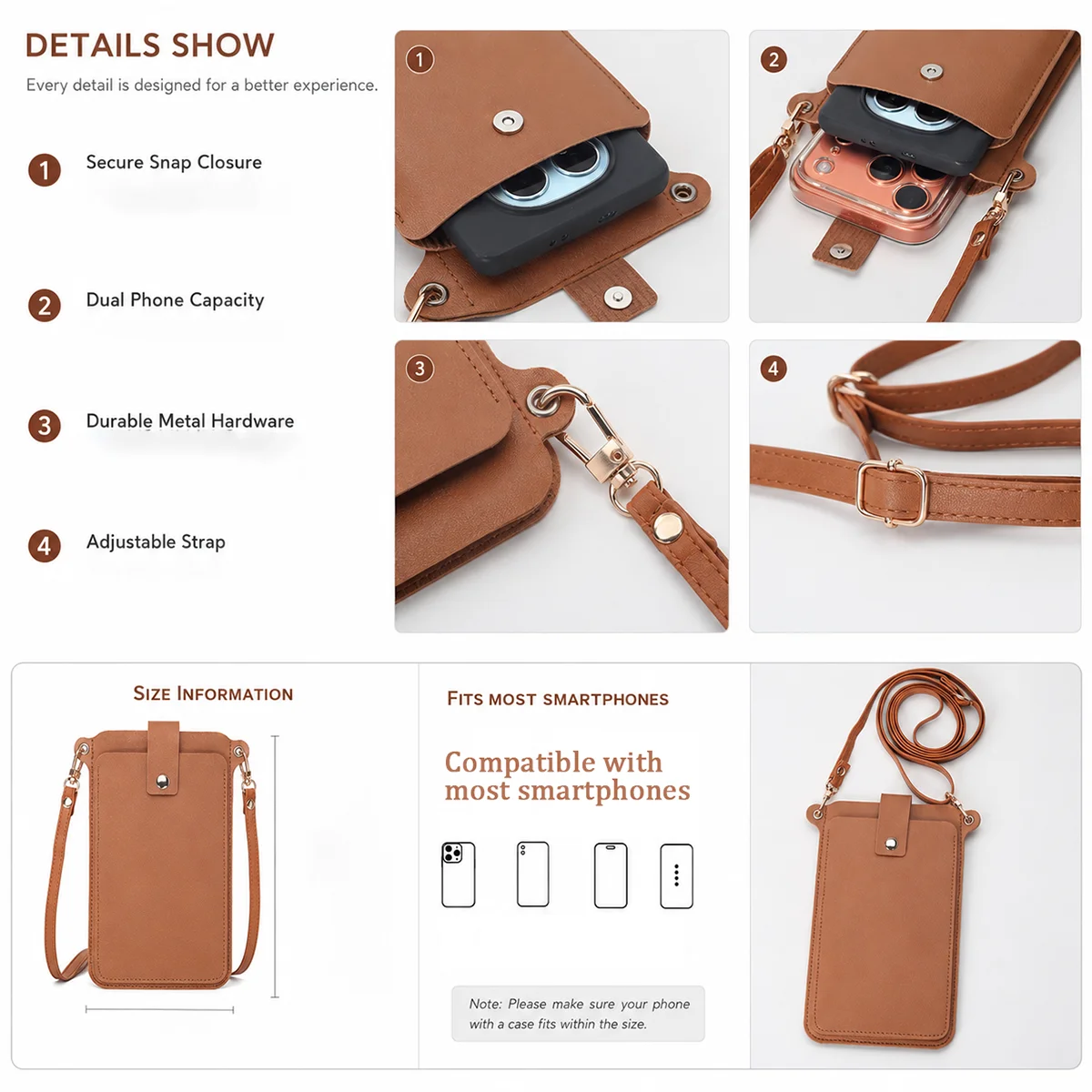 A brown PU leather crossbody bag with a snap closure and adjustable strap shown with various details.