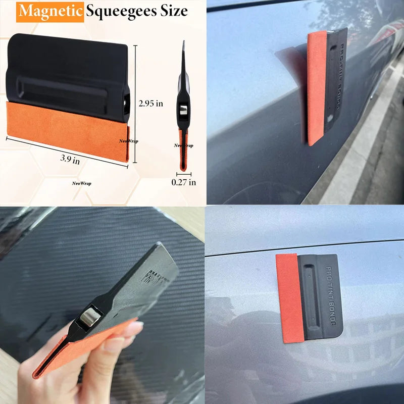 A set of magnetic squeegees for vinyl wrap and window tinting, showing various sizes and tools.