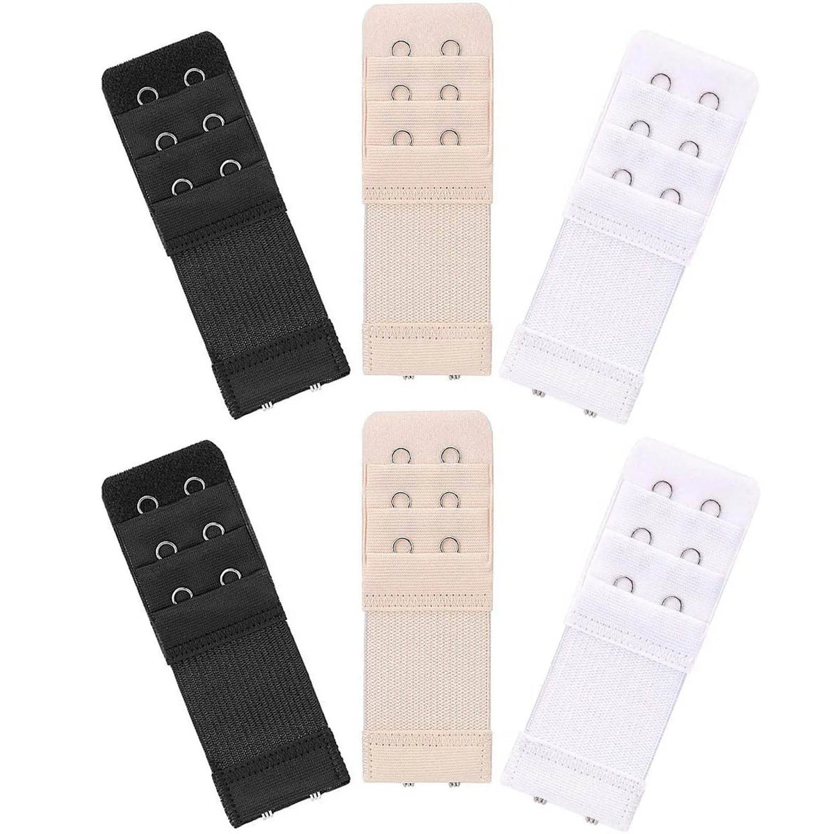 Set of three soft stretch bra extenders in black and beige with hook adjustment options