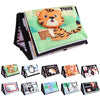A set of high-contrast crinkle cloth books and a tummy time mirror for babies featuring various animals like tigers, elephant