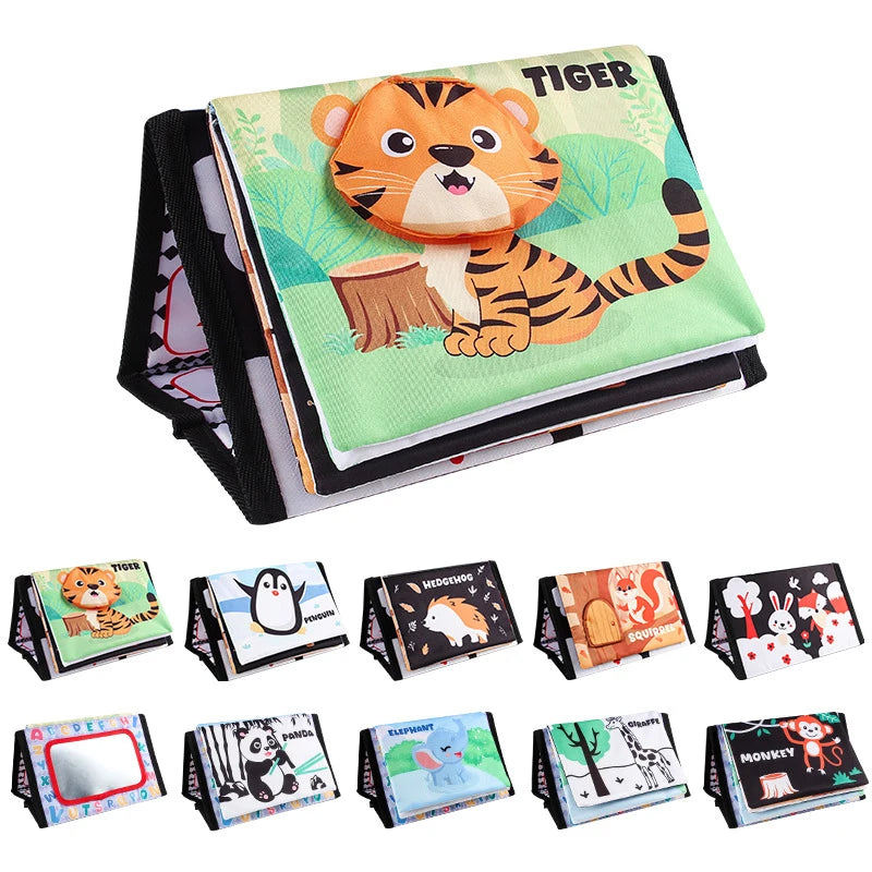 A set of high-contrast crinkle cloth books and a tummy time mirror for babies featuring various animals like tigers, elephant