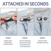 Three steps showing how to attach no-sew button waist extenders to pants