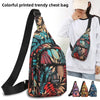 A woman wears a colorful printed trendy chest bag featuring leaf patterns and multiple pockets.