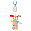 A soft plush baby rattle toy shaped like a cartoon animal with a hanging bell and colorful stripes.