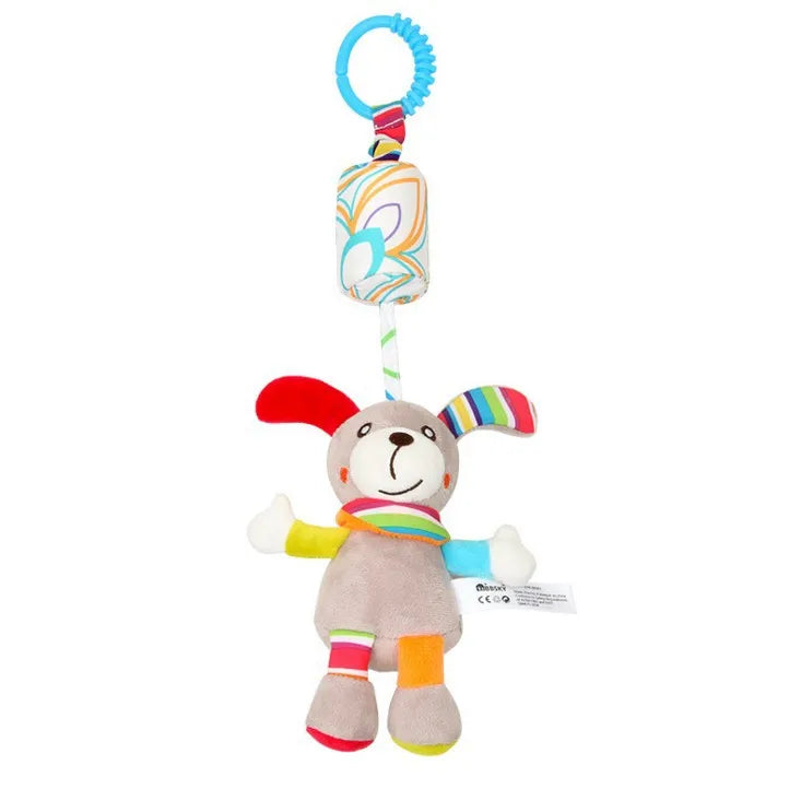 A soft plush baby rattle toy shaped like a cartoon animal with a hanging bell and colorful stripes.