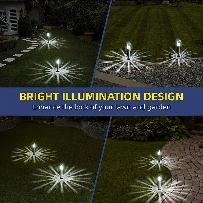Bright illumination design showing solar-powered garden path lights shining starburst patterns on a lawn and walkway.