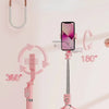 Rosa Selfie-Stab mit Smartphone, das 360- und 180-Grad-Drehfunktionen demonstriert