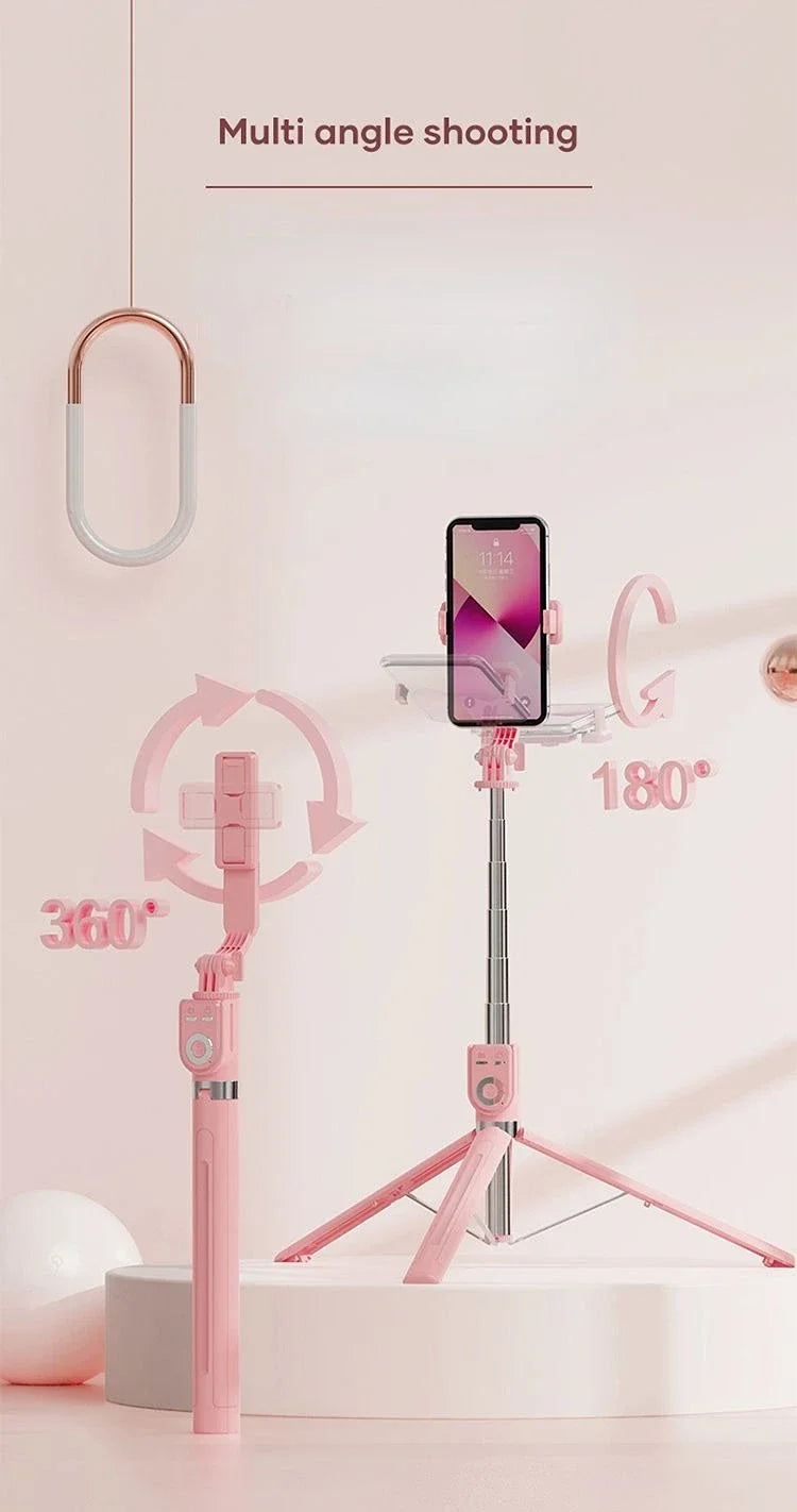 Rosa Selfie-Stab mit Smartphone, das 360- und 180-Grad-Drehfunktionen demonstriert