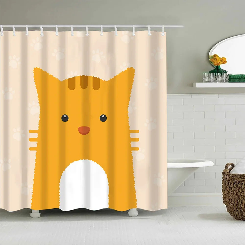 A shower curtain featuring a cute cartoon orange and white tiger design with hooks.