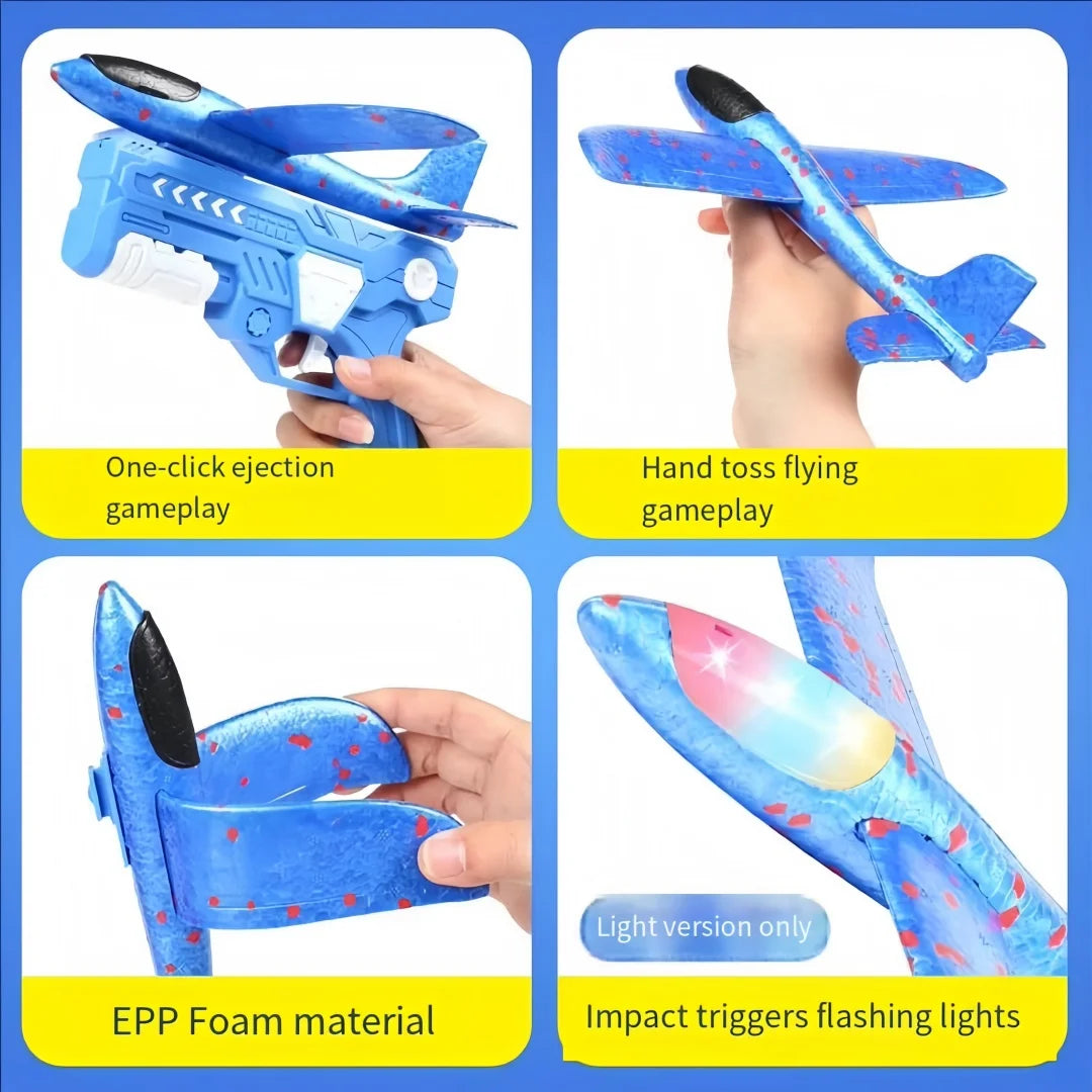 Blue foam plane catapult launcher toy with impact triggers flashing lights for kids and teens