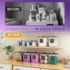 Three clear plastic storage containers filled with laundry items are displayed on a wooden shelf.