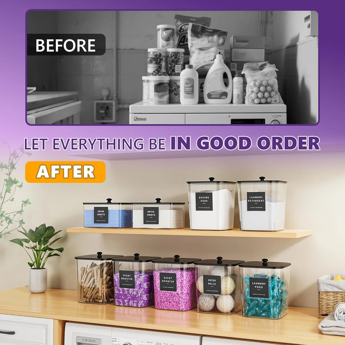 Three clear plastic storage containers filled with laundry items are displayed on a wooden shelf.