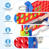 Diagram showing features of a red and blue outdoor game set including smooth plastic, a game reset lever, ring holders, and a