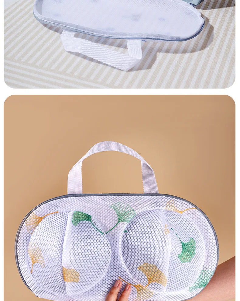 A white mesh laundry bag with a handle is shown against a beige background.