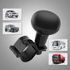 A black universal steering wheel spinner knob with multiple vehicle models shown for driving aid.