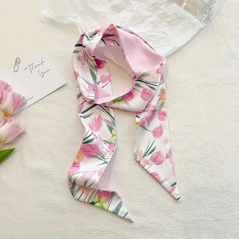 Floral Print Silk Hair Scarf for Women – Long Ribbon Headband