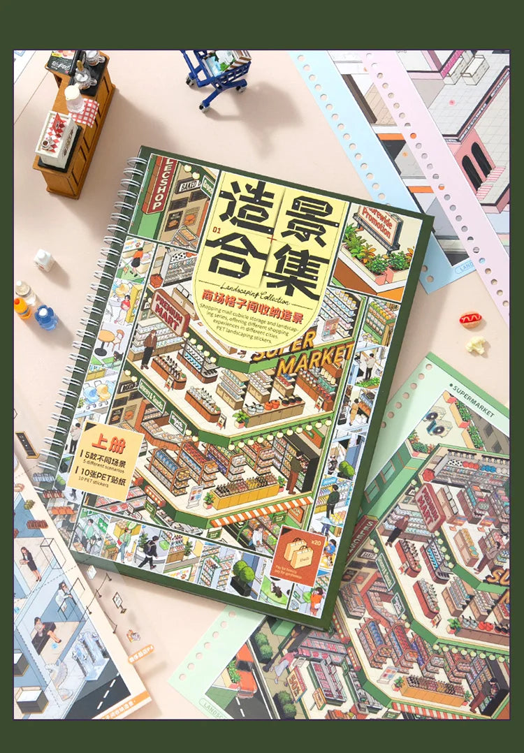 A close-up of a sticker set featuring detailed 3D house scenes for scrapbooking and DIY crafts.