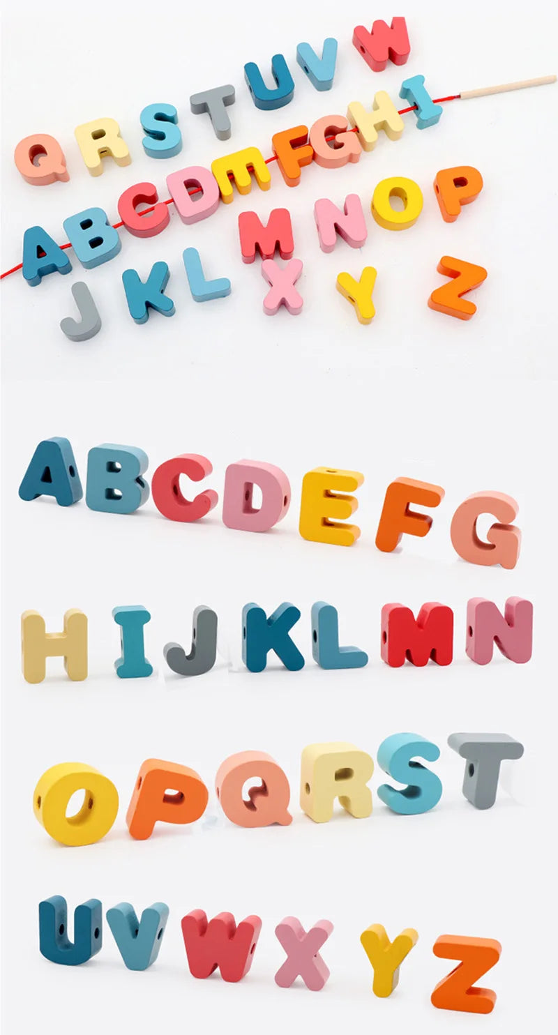 Wooden Lacing Beads Set for Kids with Animal, Fruit, Letter & Number Shapes