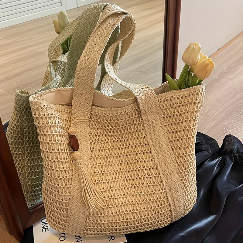 Natural Straw Woven Tote Bag with Tassel