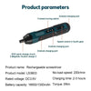 A cordless electric screwdriver with a black and teal body showing various product parameters like charging ports and speed c
