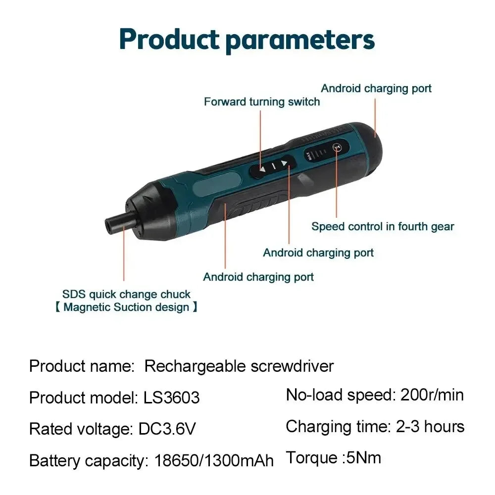 A cordless electric screwdriver with a black and teal body showing various product parameters like charging ports and speed c