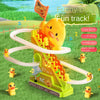A yellow duck toy designed for fun track climbing with cool lights and dynamic music.