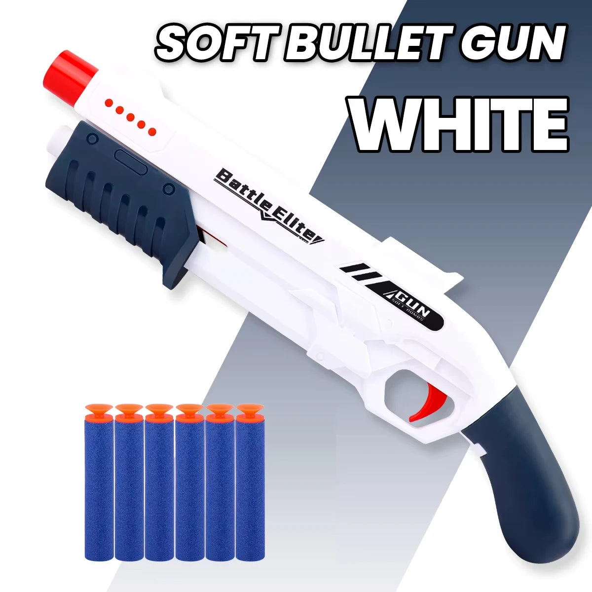 A white soft bullet gun with a blue grip and red accents, shown next to a set of blue foam darts.