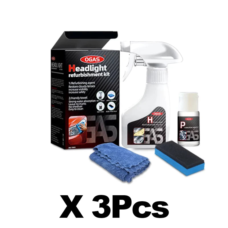A black box containing a headlight refurbishment kit with a cleaning spray bottle, towel, and polishing pad.