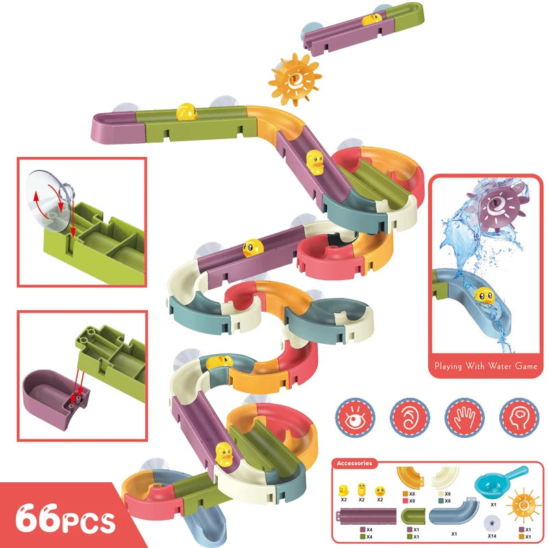 A set of 66 plastic bath time duck slide toys for toddlers in various colors and shapes.