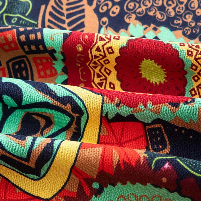 Bohemian Cotton Linen Fabric with Vintage Ethnic Print