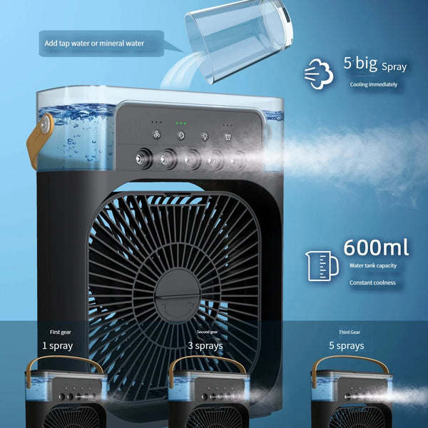 Dispositivo personal negro con tres engranajes, mostrando su función de pulverización y capacidad del depósito de agua.