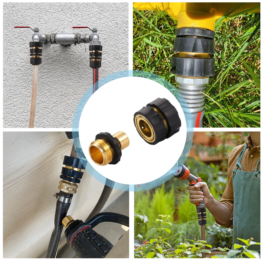 A set of 3/4-inch garden hose quick connectors and fittings used for connecting hoses.