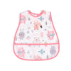 A pink and white waterproof baby feeding bib featuring various cute animal designs like bears and rabbits.