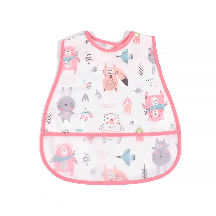 A pink and white waterproof baby feeding bib featuring various cute animal designs like bears and rabbits.