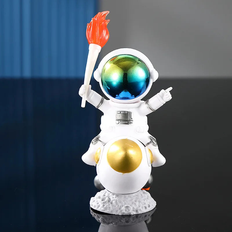Handcrafted astronaut figurine resin spaceman desk decor with a fiery plume
