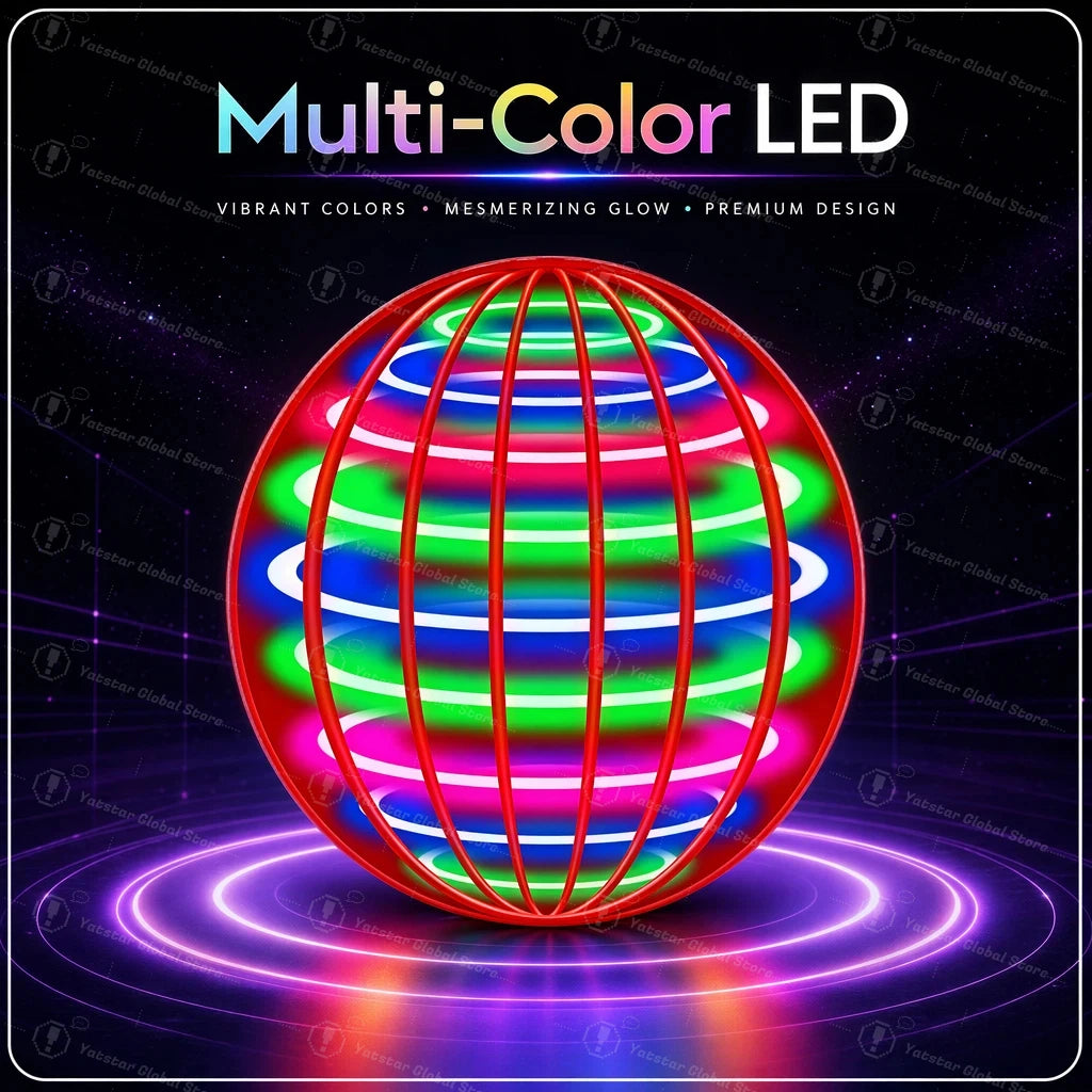 A vibrant multi-color LED flying ball with glowing internal lights rotating on a purple platform.