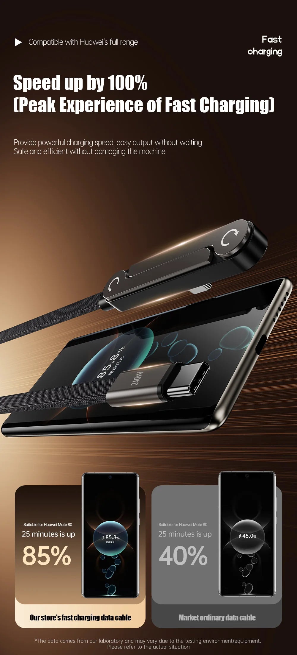 A black USB-C fast charging cable with a foldable phone stand is shown next to a smartphone displaying a charging graphic.