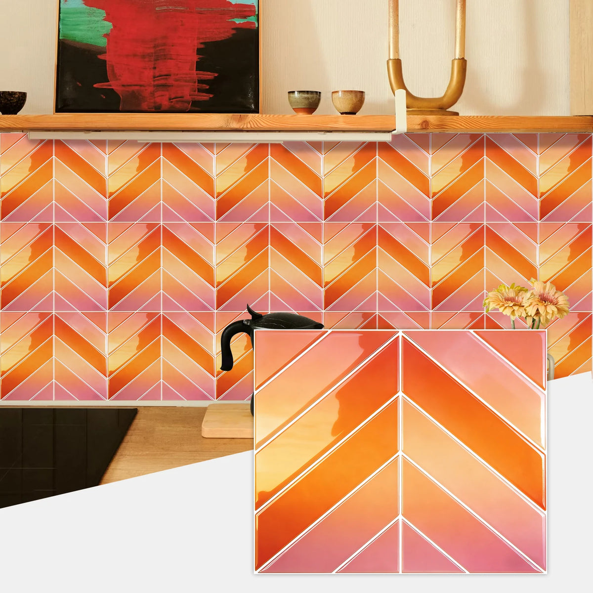 Orange and pink herringbone marble peel-and-stick wall tiles installed on a wooden shelf.