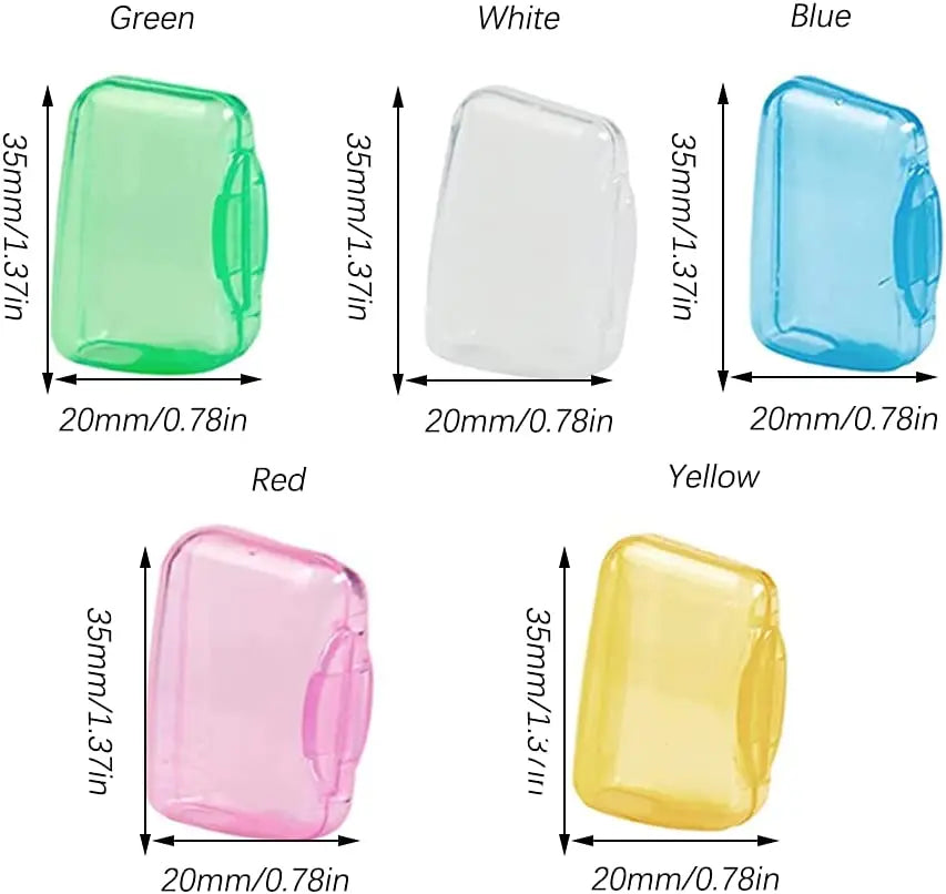 A set of ten clear silicone brush head protector caps in various colors including green, white, blue, red, and yellow.