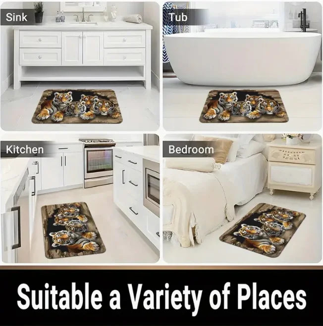 A variety of places featuring a tropical green leaf print non-slip area rug in different contexts.
