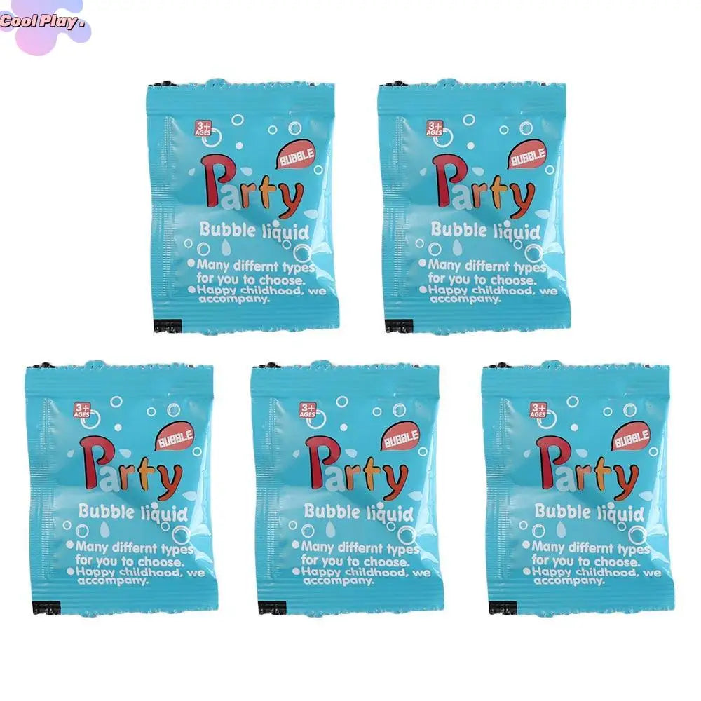 Five individually packaged blue bubble liquid refills for party use