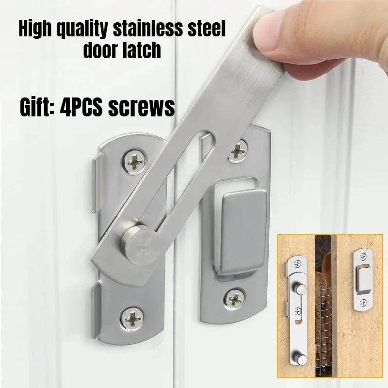 A hand holds a high quality stainless steel door latch lock with four screws, shown installed on a white door.
