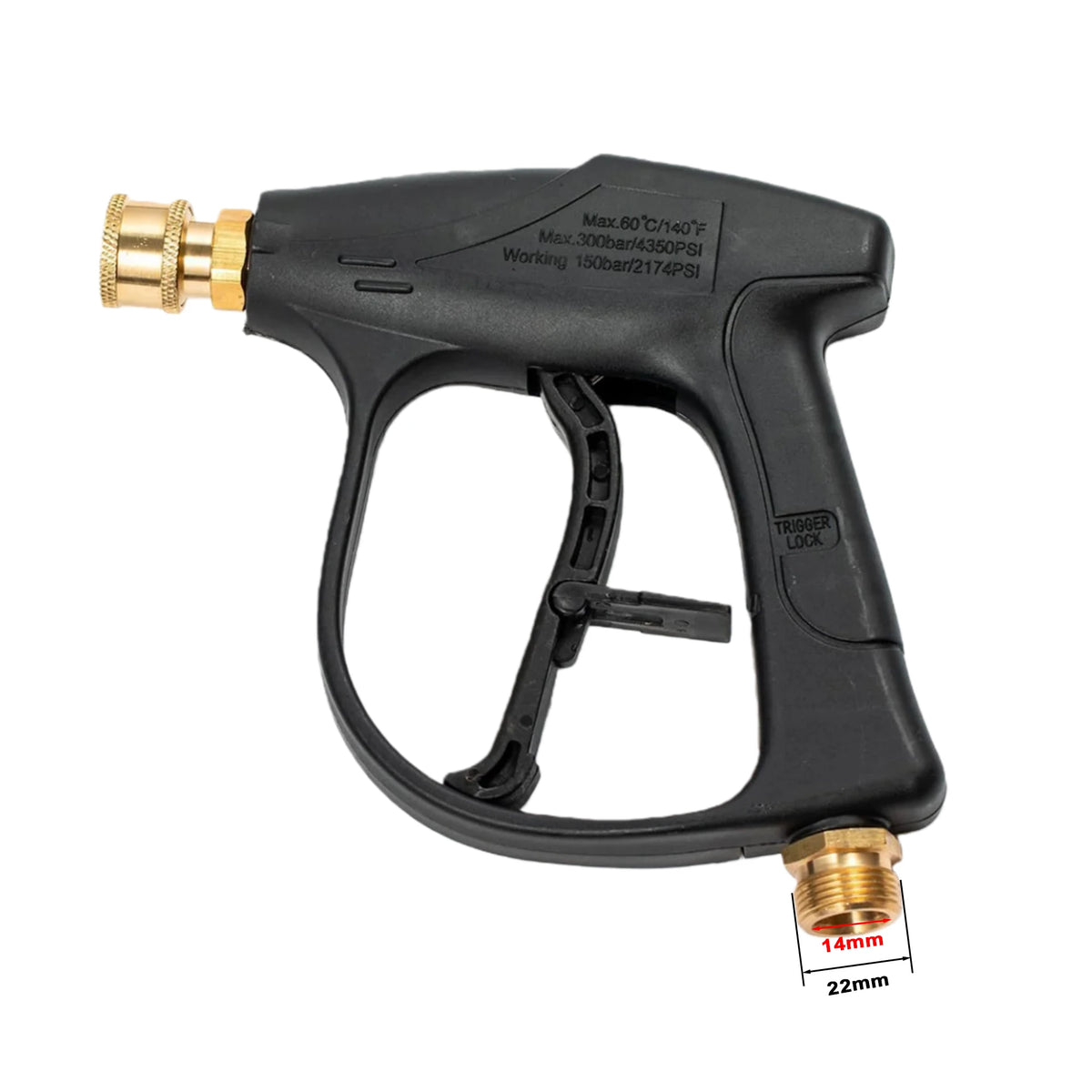 Black foam cannon car wash kit with five metal nozzles and a 14mm fitting.