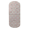 A pink cartoon baby stroller seat cushion with a pattern of white stars and polka dots.