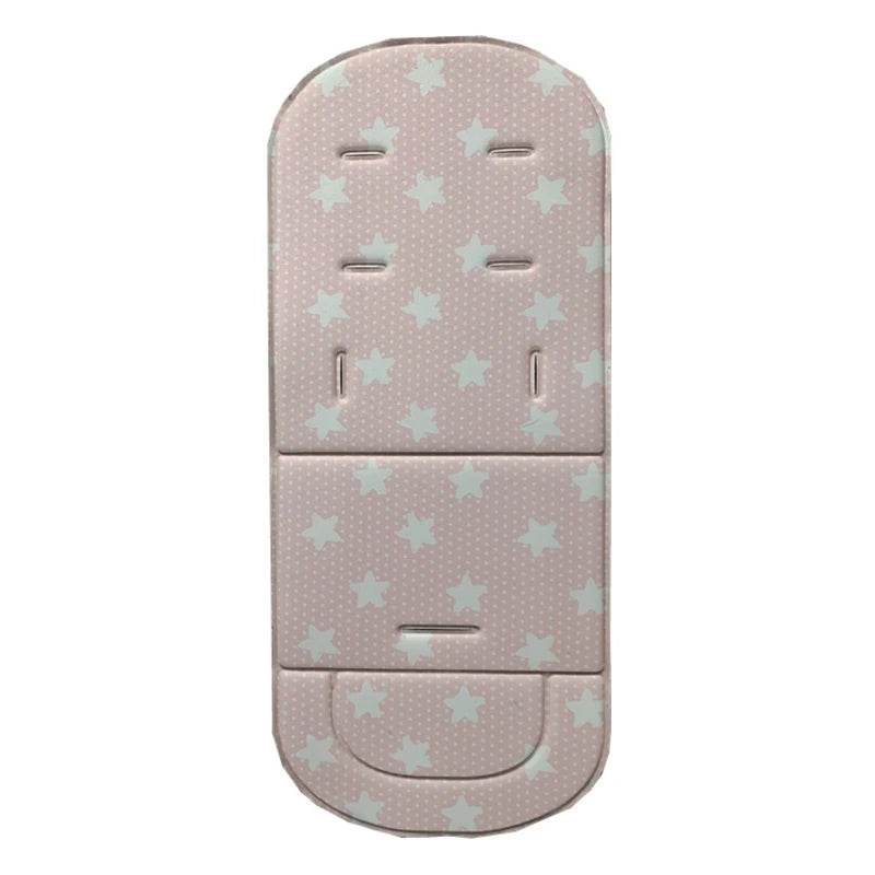 A pink cartoon baby stroller seat cushion with a pattern of white stars and polka dots.