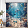 A waterproof shower curtain featuring an underwater scene with dolphins, sea turtles, and coral reefs.